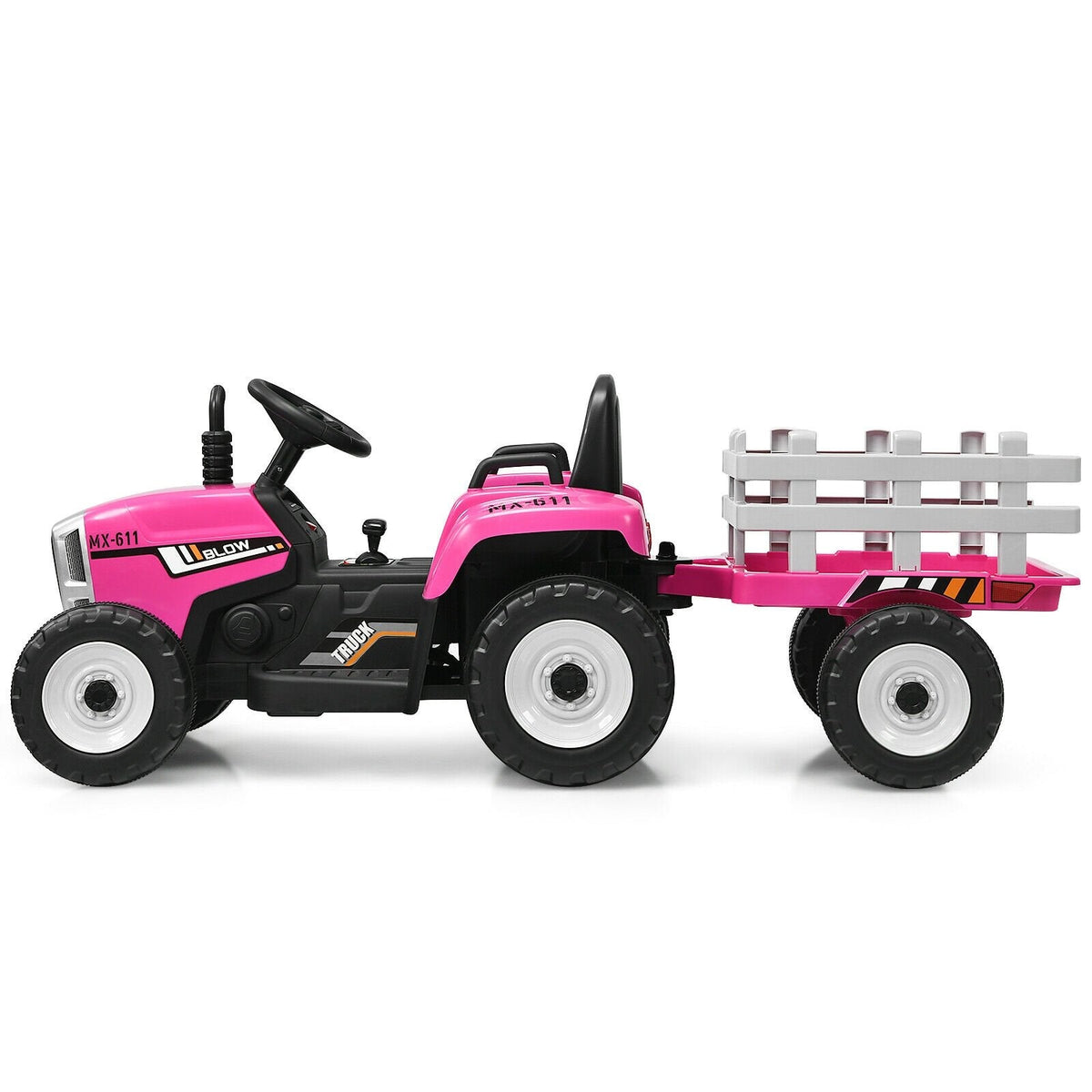 Tracteur électrique 12V pour enfant avec grande remorque amovible, 3 vitesses, feux LED et ceinture de sécurité, 66 lb, rose