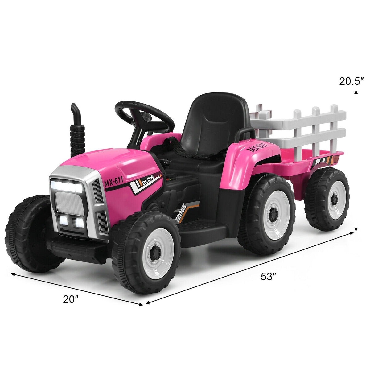 Tracteur électrique 12V pour enfant avec grande remorque amovible, 3 vitesses, feux LED et ceinture de sécurité, 66 lb, rose