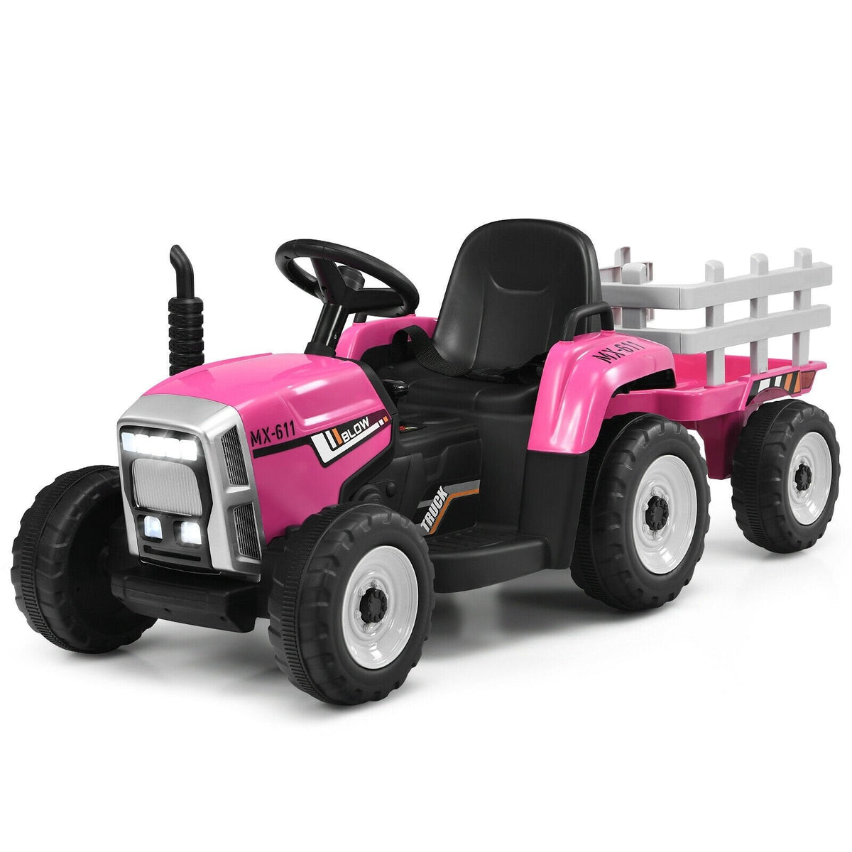 Tracteur électrique 12V pour enfant avec grande remorque amovible, 3 vitesses, feux LED et ceinture de sécurité, 66 lb, rose