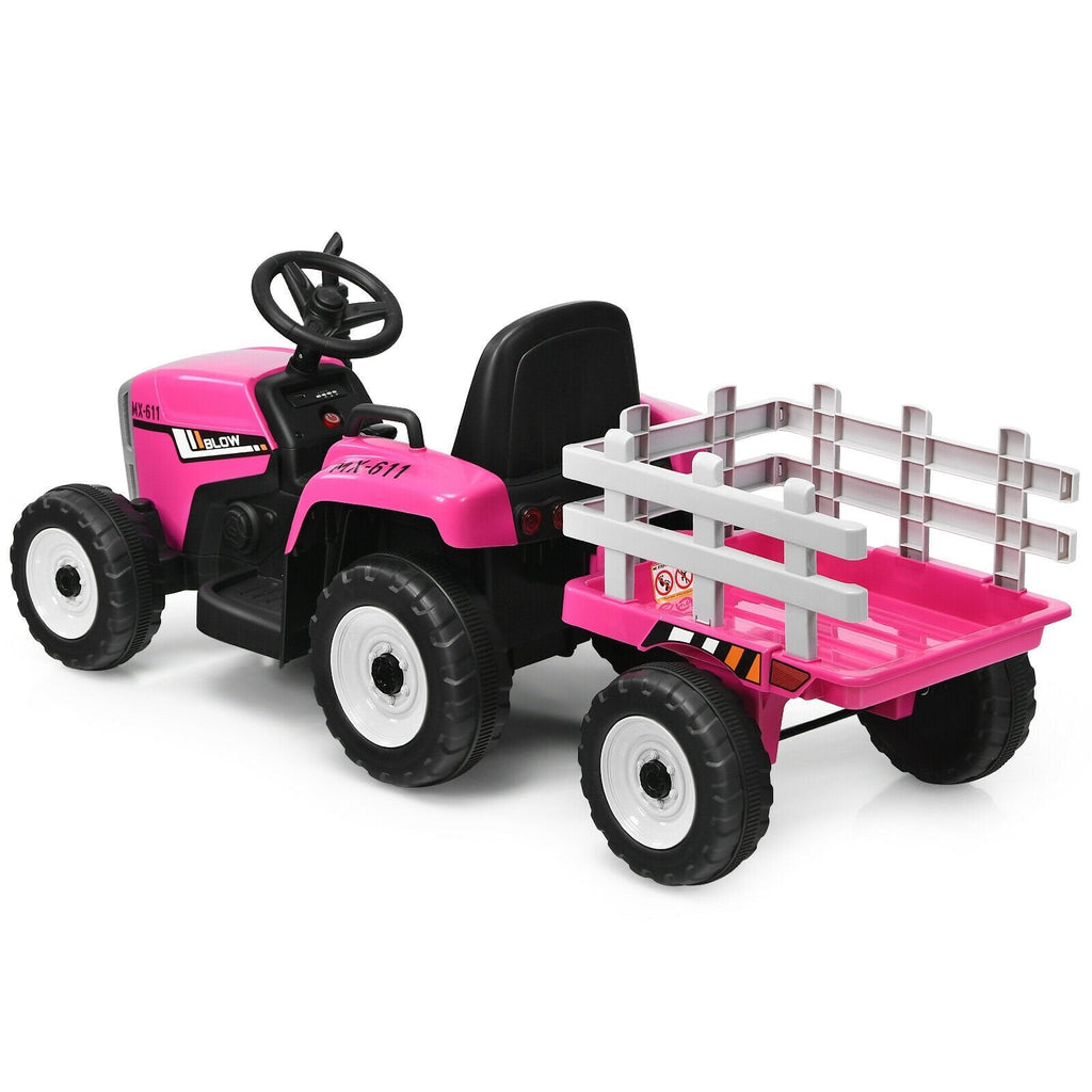 Tracteur électrique 12V pour enfant avec grande remorque amovible, 3 vitesses, feux LED et ceinture de sécurité, 66 lb, rose
