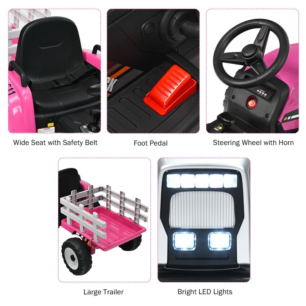 Tracteur électrique 12V pour enfant avec grande remorque amovible, 3 vitesses, feux LED et ceinture de sécurité, 66 lb, rose