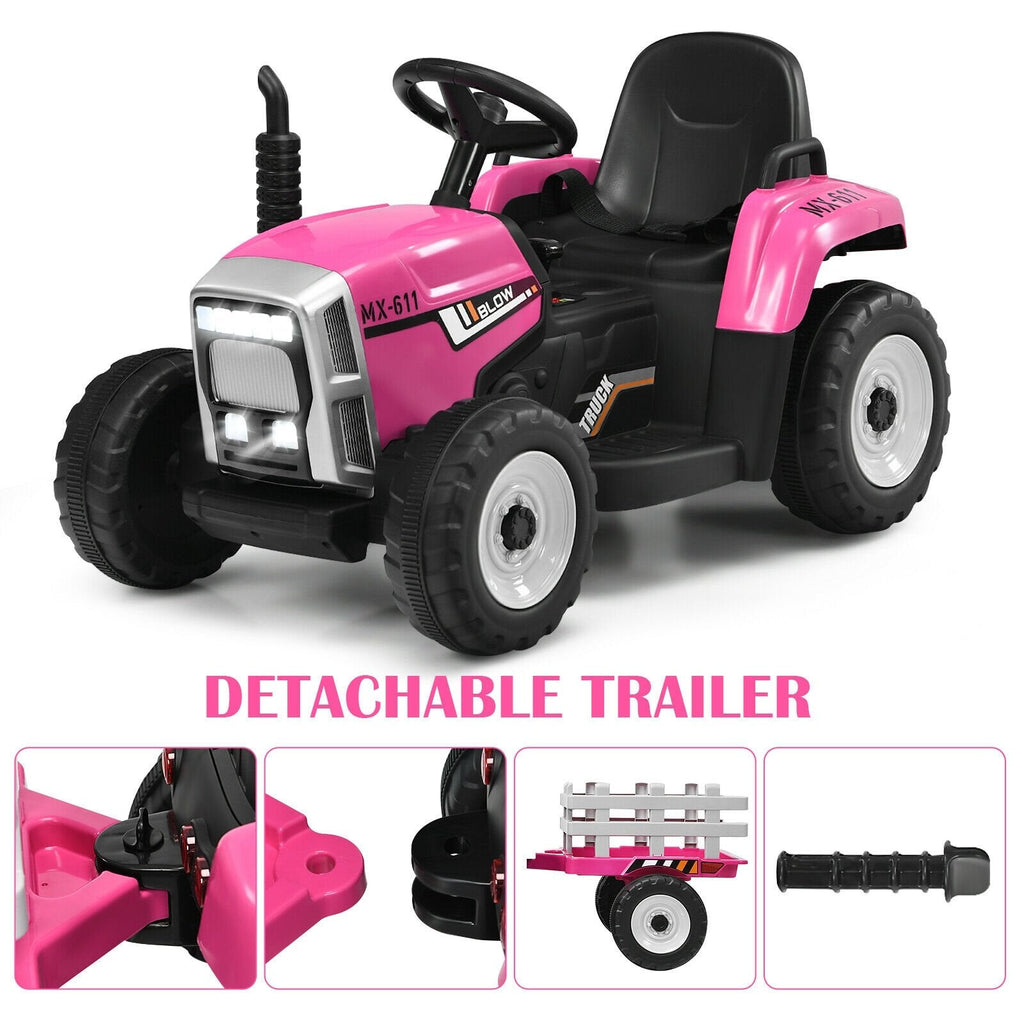 Tracteur électrique 12V pour enfant avec grande remorque amovible, 3 vitesses, feux LED et ceinture de sécurité, 66 lb, rose