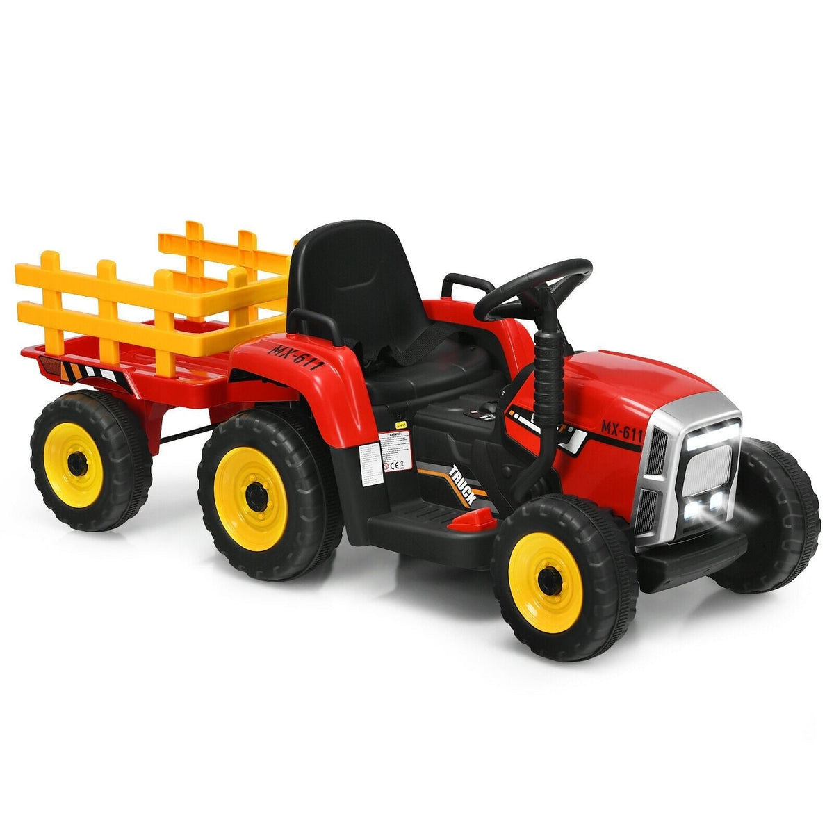 Tracteur électrique 12V pour enfant avec remorque amovible, 3 vitesses, roues antidérapantes et démarrage progressif, 66 lb, Rouge