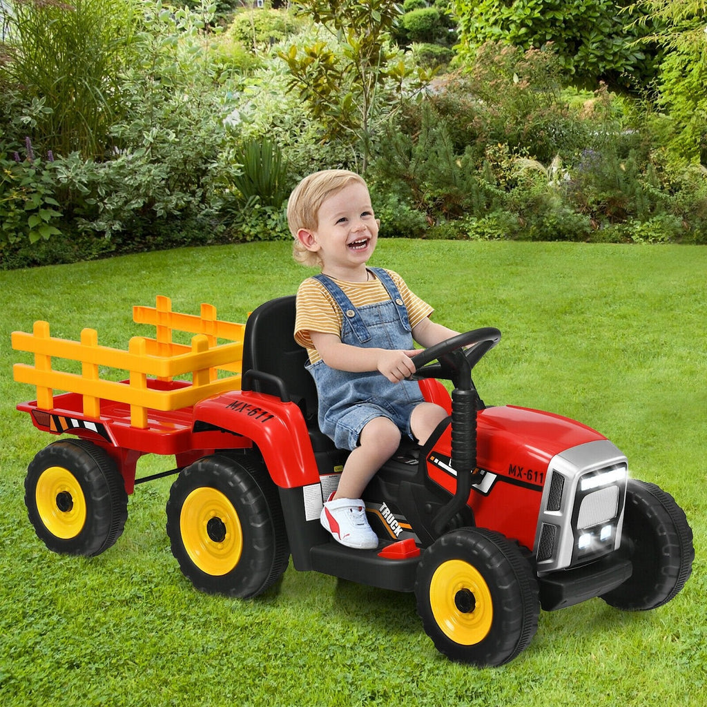 Tracteur électrique 12V pour enfant avec remorque amovible, 3 vitesses, roues antidérapantes et démarrage progressif, 66 lb, Rouge
