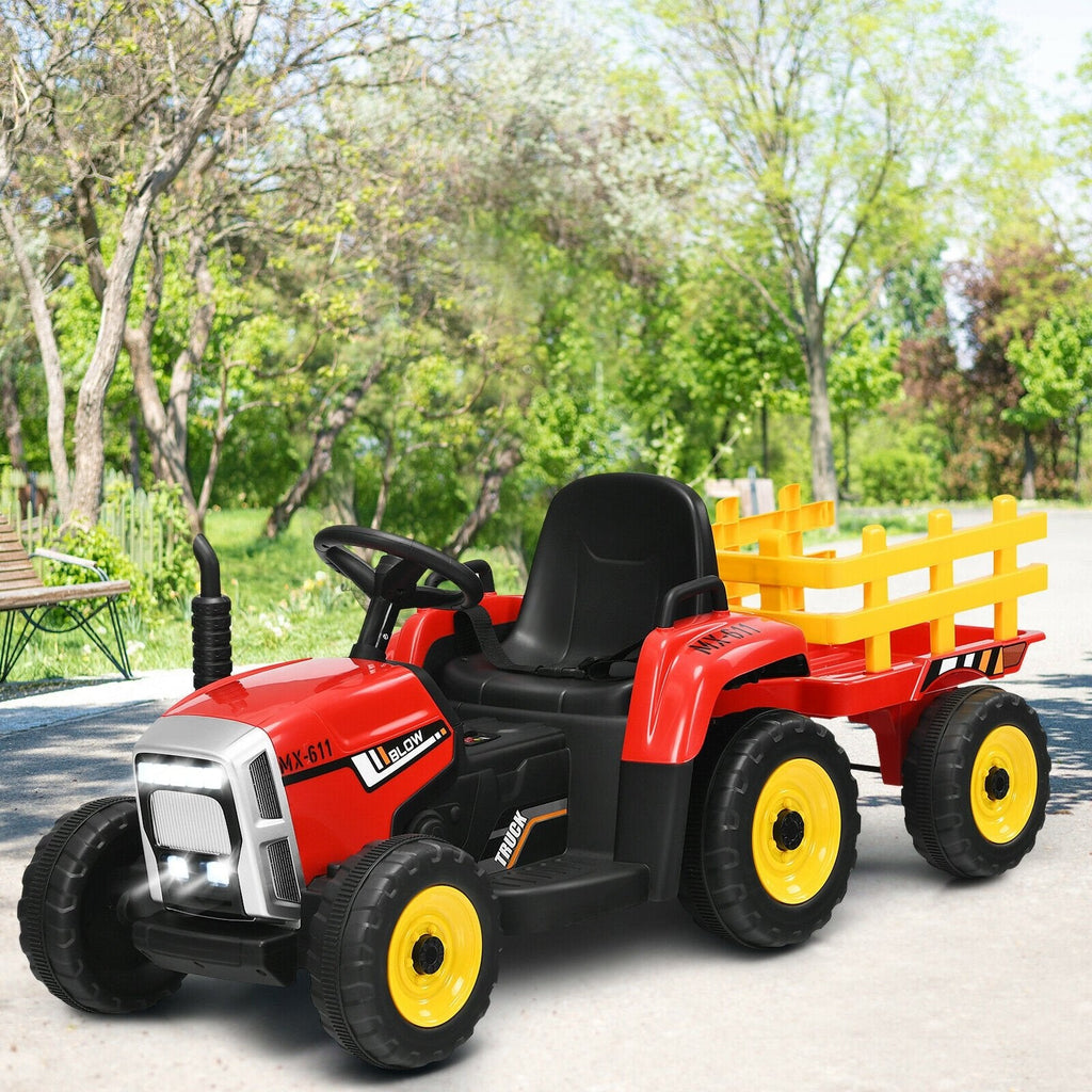 Tracteur électrique 12V pour enfant avec remorque amovible, 3 vitesses, roues antidérapantes et démarrage progressif, 66 lb, Rouge