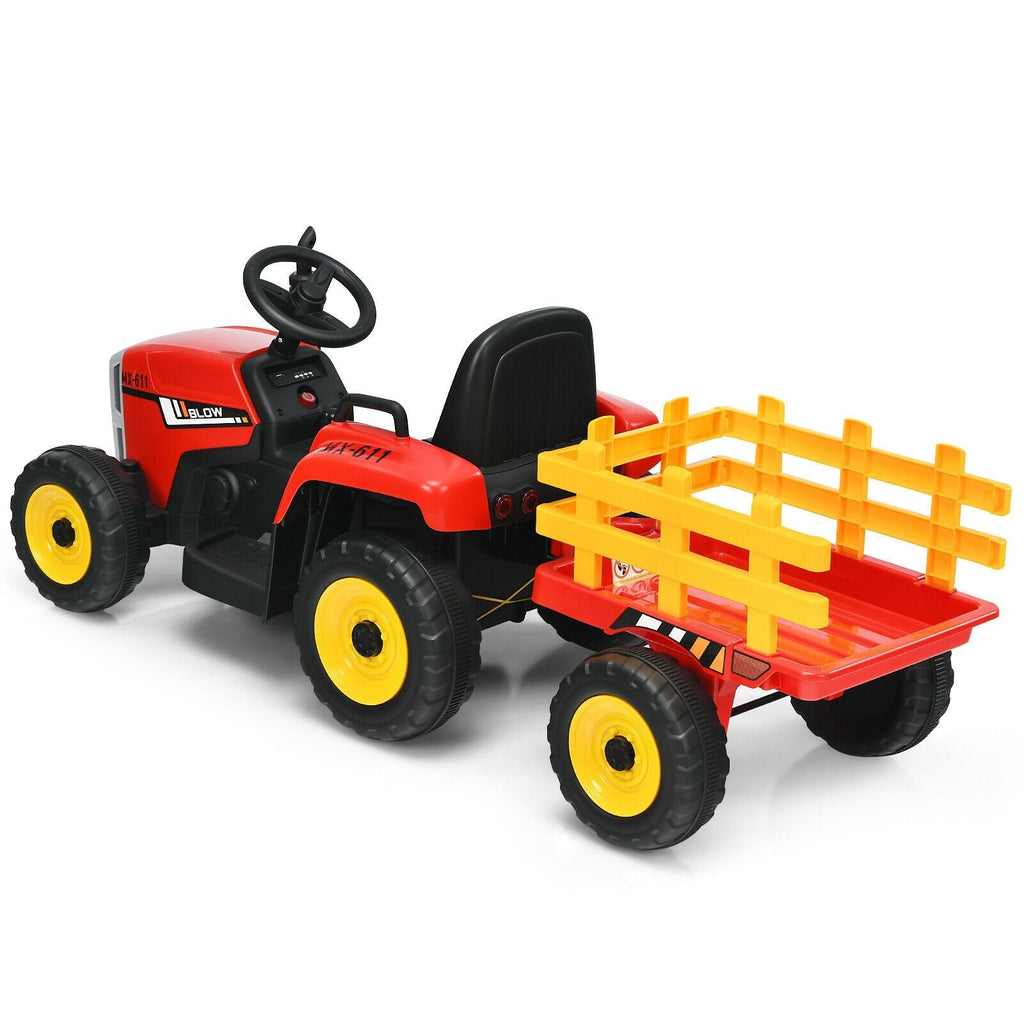 Tracteur électrique 12V pour enfant avec remorque amovible, 3 vitesses, roues antidérapantes et démarrage progressif, 66 lb, Rouge
