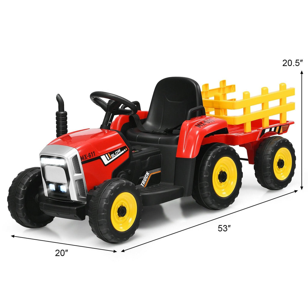 Tracteur électrique 12V pour enfant avec remorque amovible, 3 vitesses, roues antidérapantes et démarrage progressif, 66 lb, Rouge