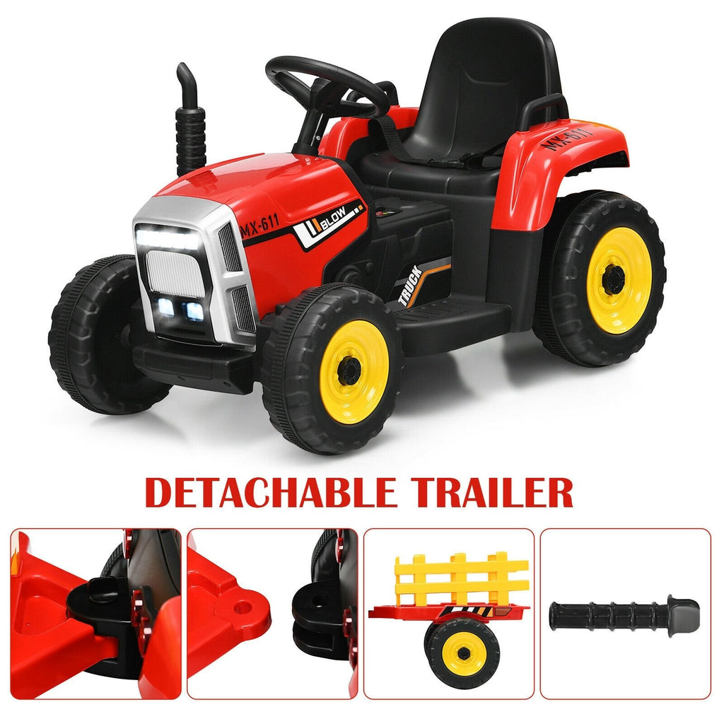 Tracteur électrique 12V pour enfant avec remorque amovible, 3 vitesses, roues antidérapantes et démarrage progressif, 66 lb, Rouge