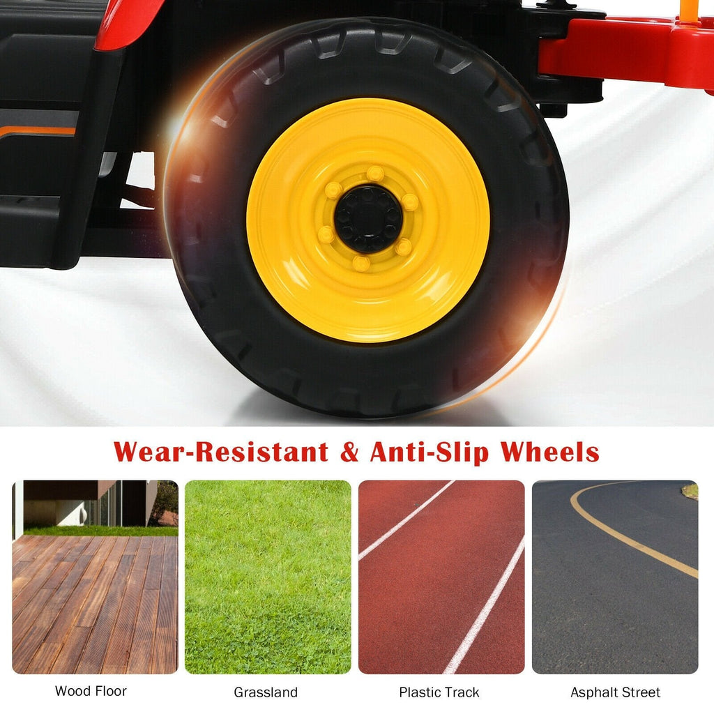 Tracteur électrique 12V pour enfant avec remorque amovible, 3 vitesses, roues antidérapantes et démarrage progressif, 66 lb, Rouge