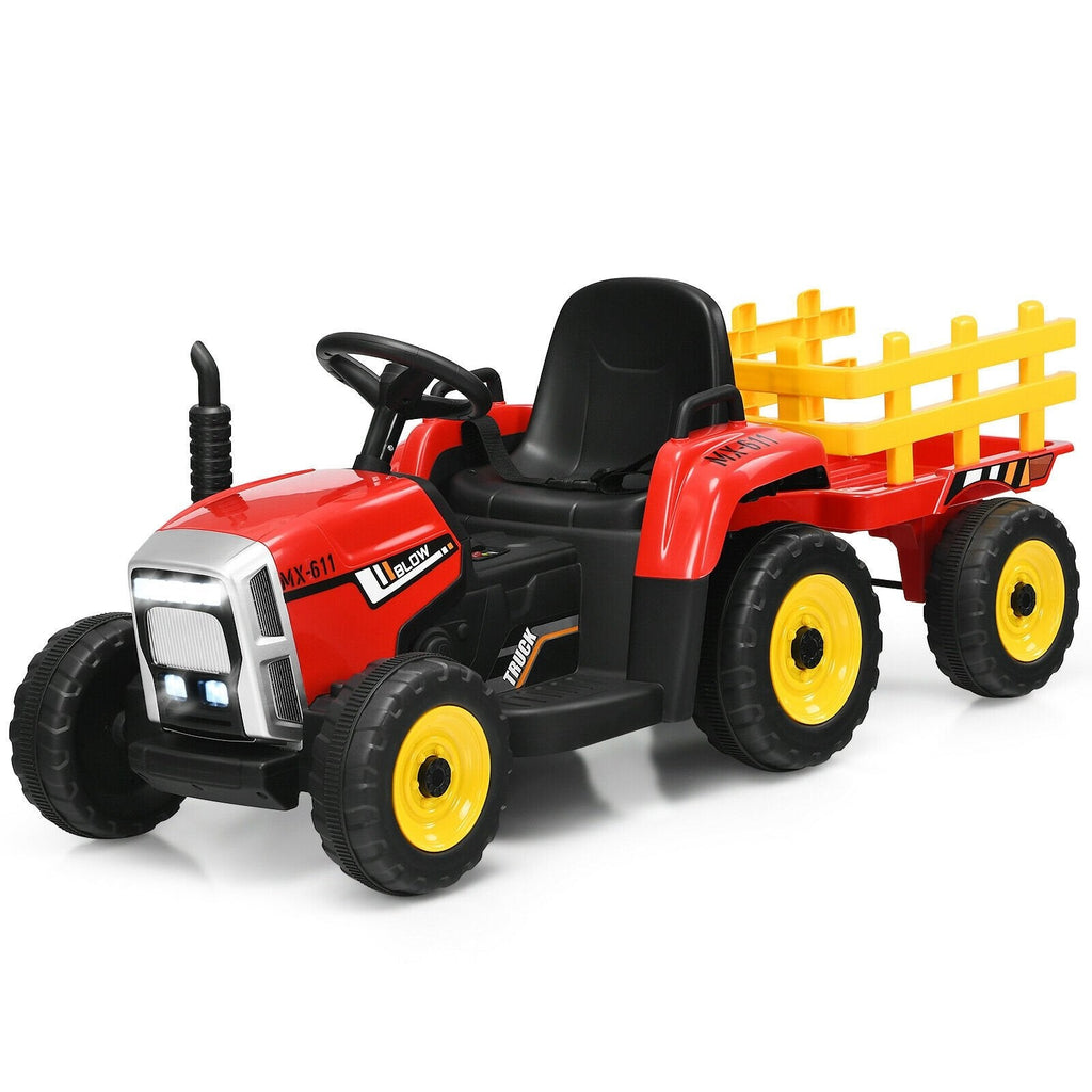 Tracteur électrique 12V pour enfant avec remorque amovible, 3 vitesses, roues antidérapantes et démarrage progressif, 66 lb, Rouge