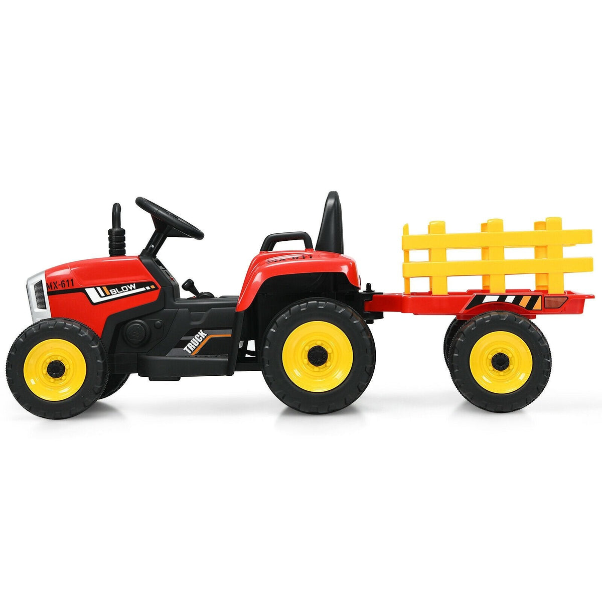 Tracteur électrique 12V pour enfant avec remorque amovible, 3 vitesses, roues antidérapantes et démarrage progressif, 66 lb, Rouge