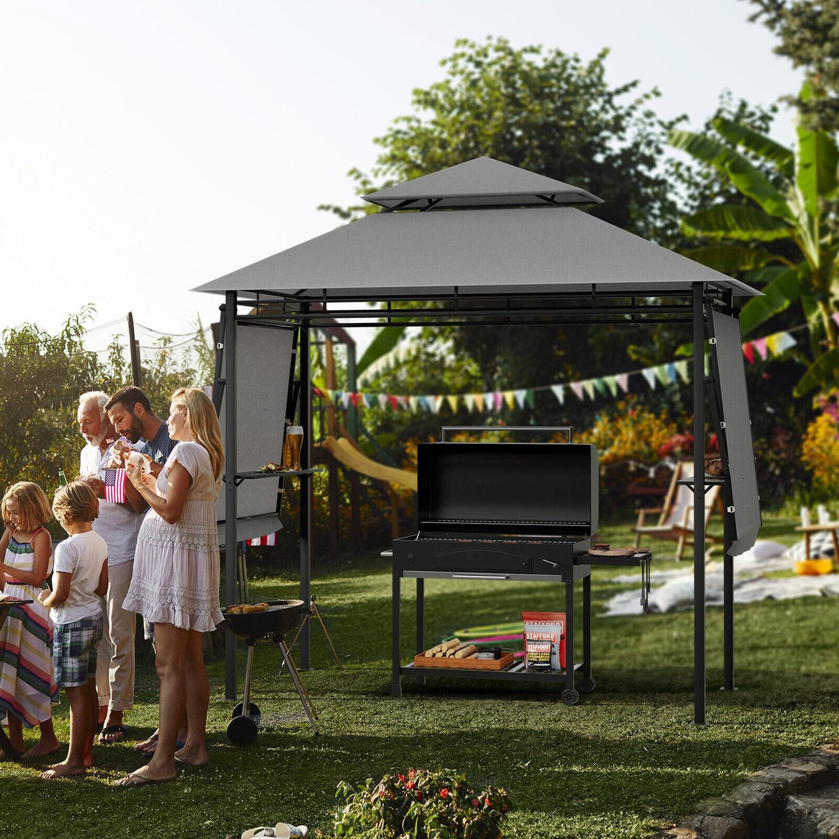 13,5 x 4 Fuß Terrassen-Grillpavillon mit zwei seitlichen Markisen - Grau