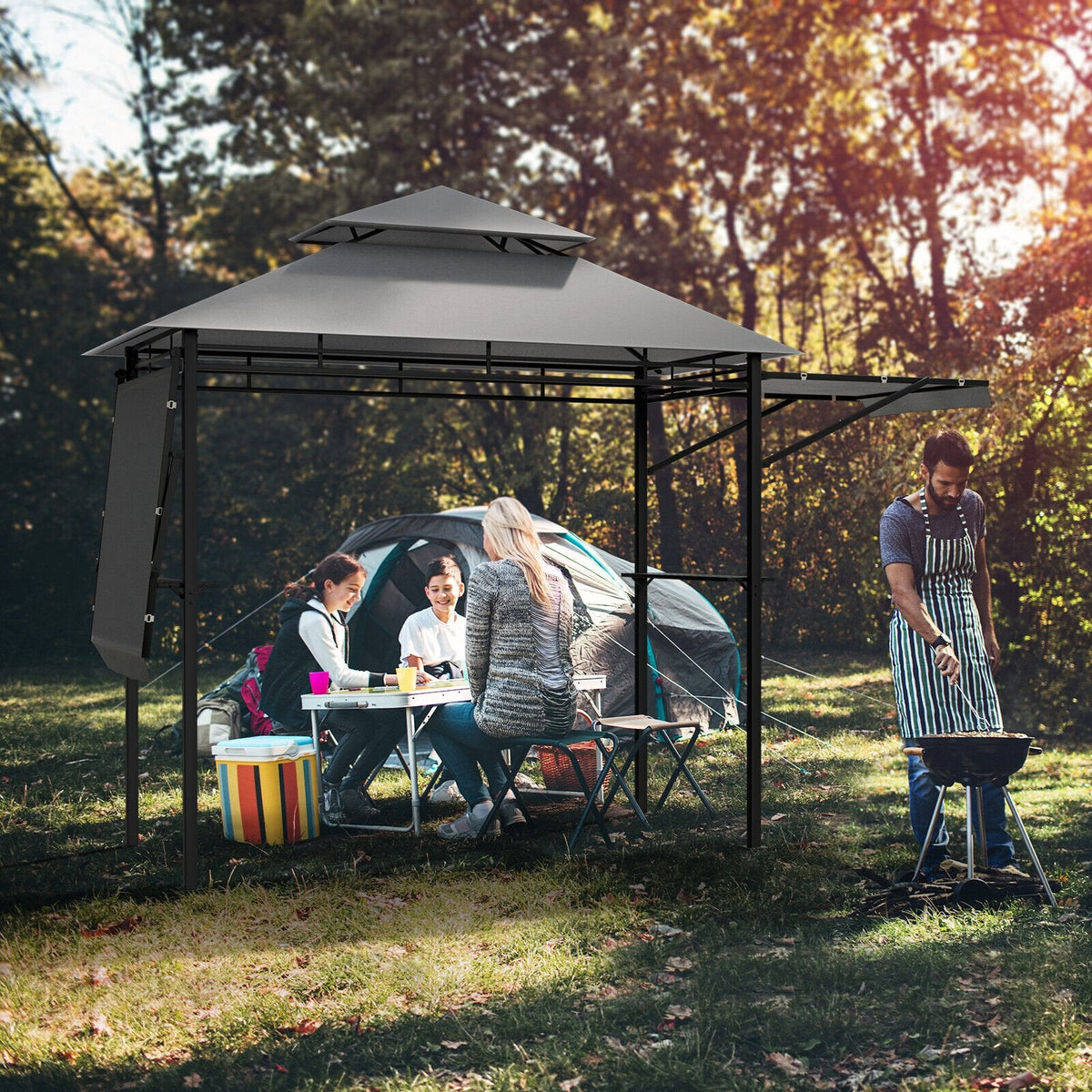13,5 x 4 Fuß Terrassen-Grillpavillon mit zwei seitlichen Markisen - Grau