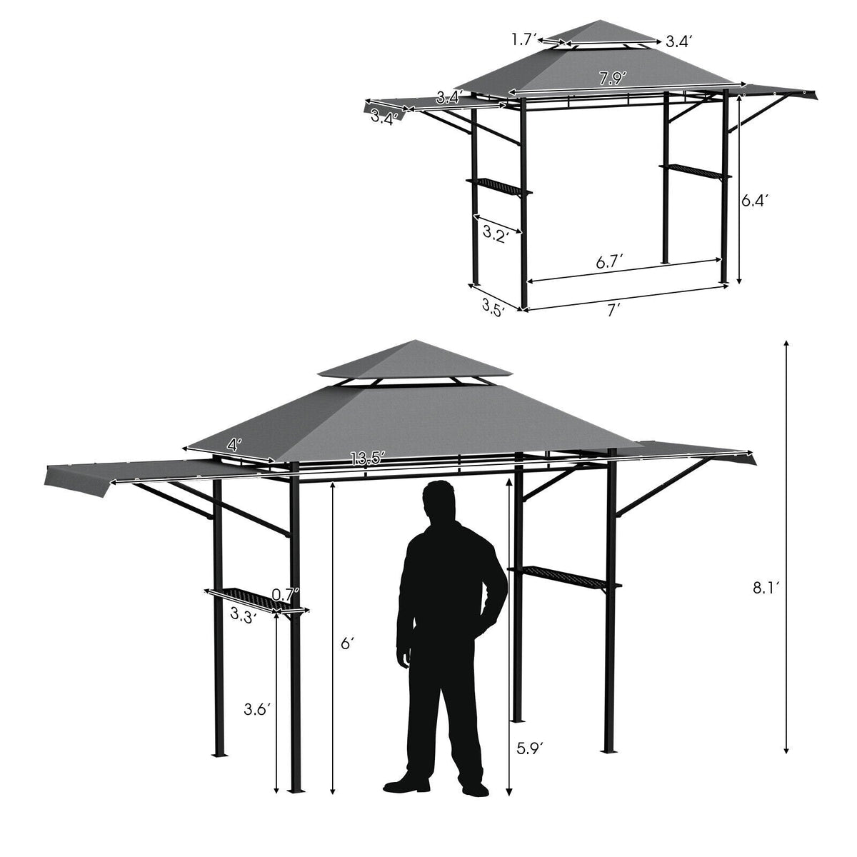 13,5 x 4 Fuß Terrassen-Grillpavillon mit zwei seitlichen Markisen - Grau