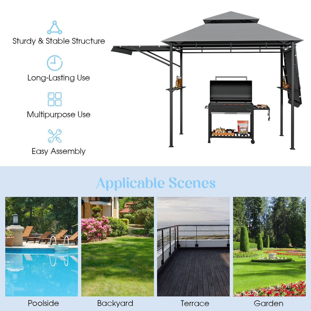 13,5 x 4 Fuß Terrassen-Grillpavillon mit zwei seitlichen Markisen - Grau