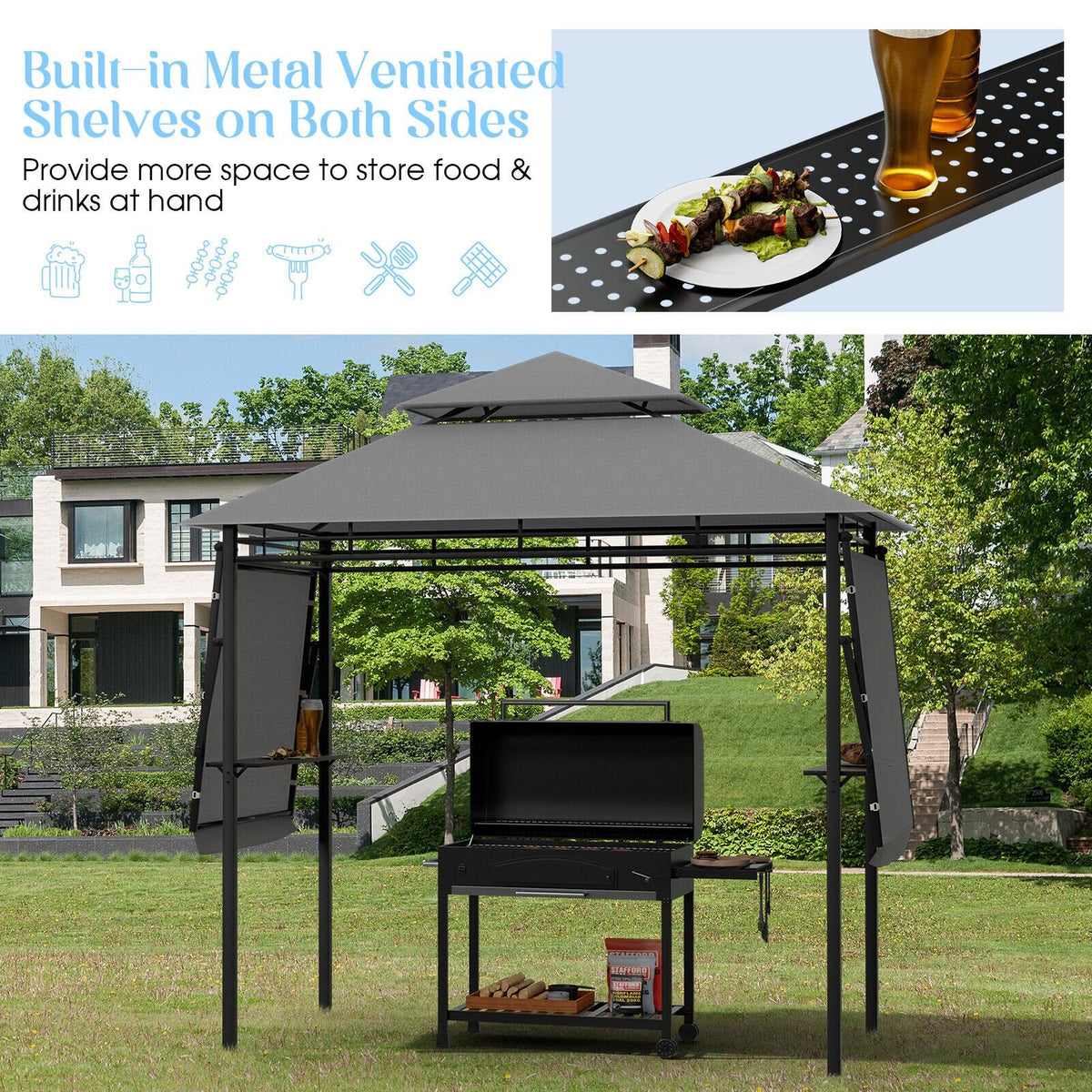13,5 x 4 Fuß Terrassen-Grillpavillon mit zwei seitlichen Markisen - Grau