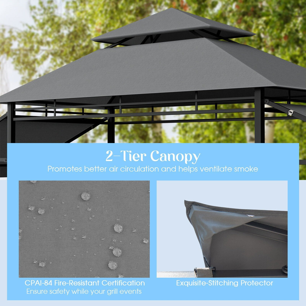 13,5 x 4 Fuß Terrassen-Grillpavillon mit zwei seitlichen Markisen - Grau