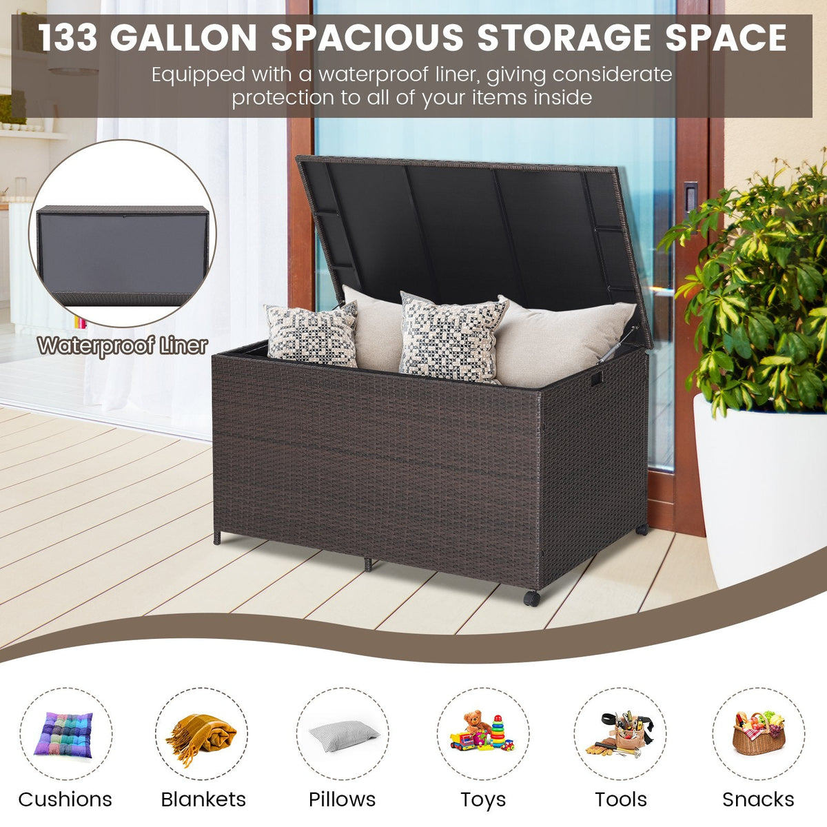 Coffre de rangement extérieur en osier avec doublure zippée – 503 litres