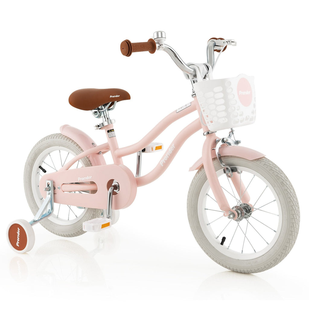 Vélo pour enfant de 14 pouces avec roues d’apprentissage amovibles et panier, pour les enfants de 3 à 5 ans, rose