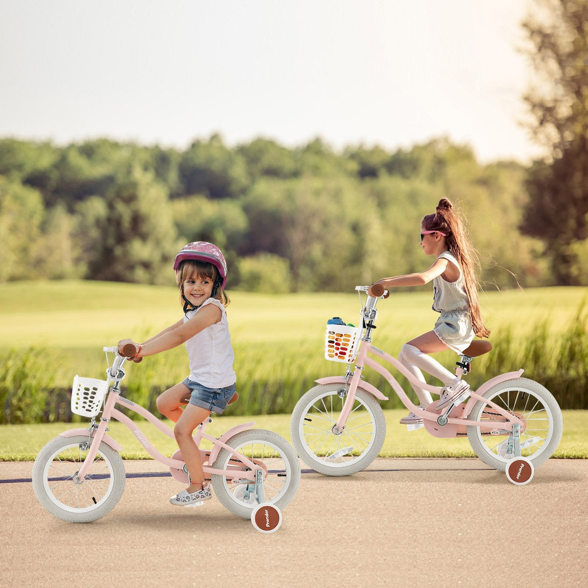 Vélo pour enfant de 14 pouces avec roues d’apprentissage amovibles et panier, pour les enfants de 3 à 5 ans, rose