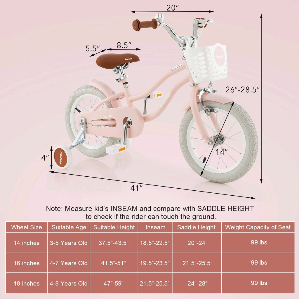 Vélo pour enfant de 14 pouces avec roues d’apprentissage amovibles et panier, pour les enfants de 3 à 5 ans, rose