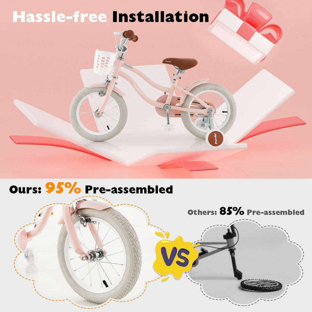 Vélo pour enfant de 14 pouces avec roues d’apprentissage amovibles et panier, pour les enfants de 3 à 5 ans, rose
