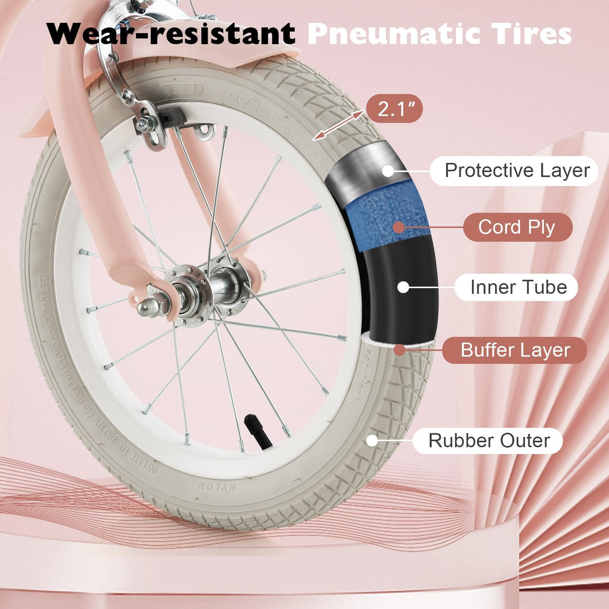 Vélo pour enfant de 14 pouces avec roues d’apprentissage amovibles et panier, pour les enfants de 3 à 5 ans, rose