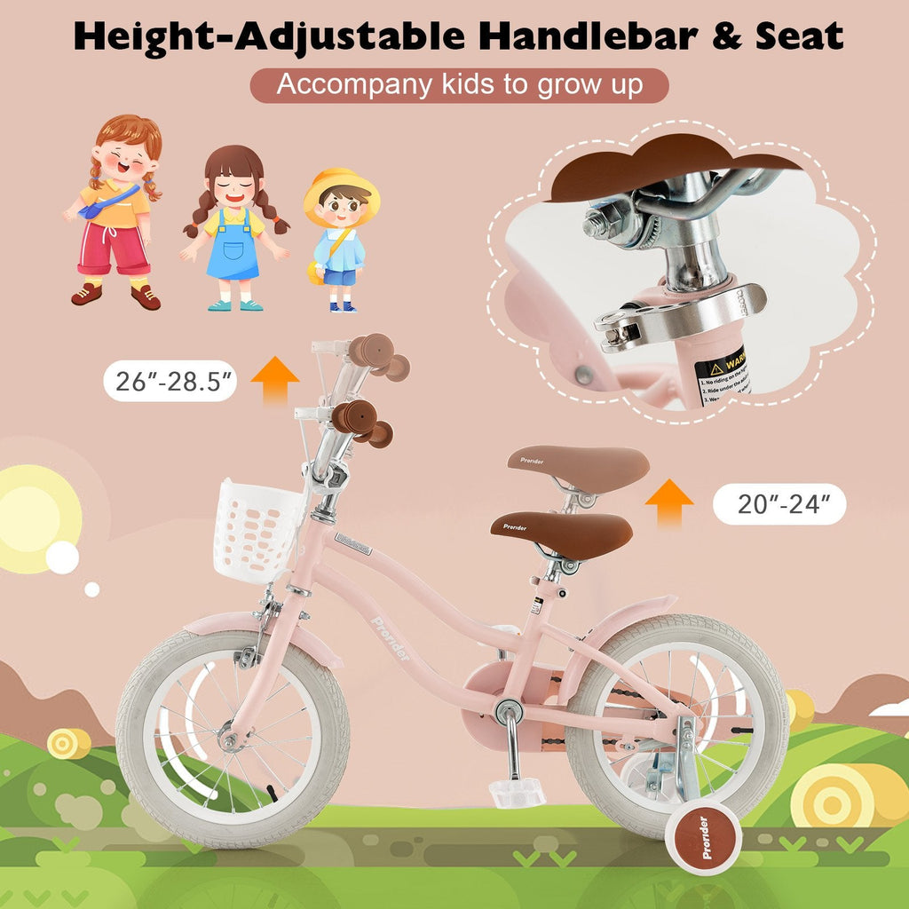 Vélo pour enfant de 14 pouces avec roues d’apprentissage amovibles et panier, pour les enfants de 3 à 5 ans, rose