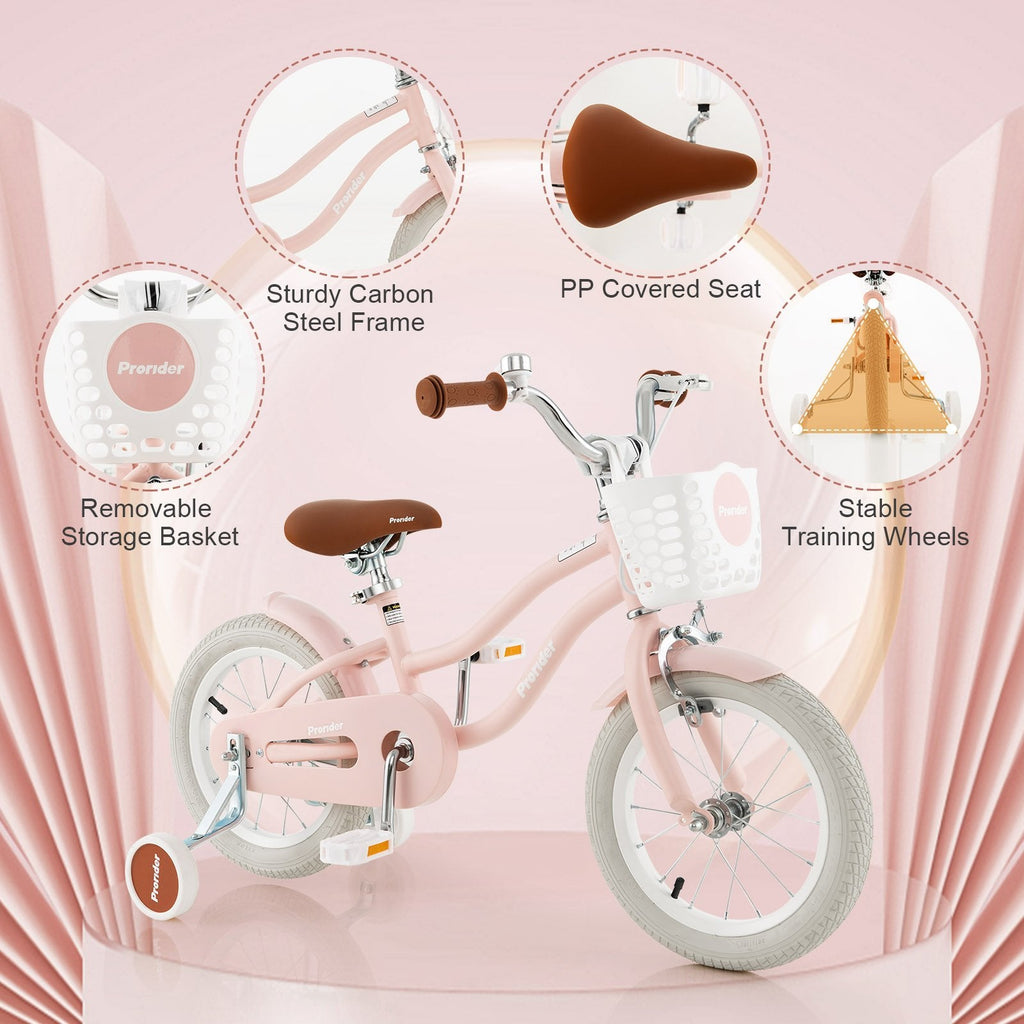 Vélo pour enfant de 14 pouces avec roues d’apprentissage amovibles et panier, pour les enfants de 3 à 5 ans, rose