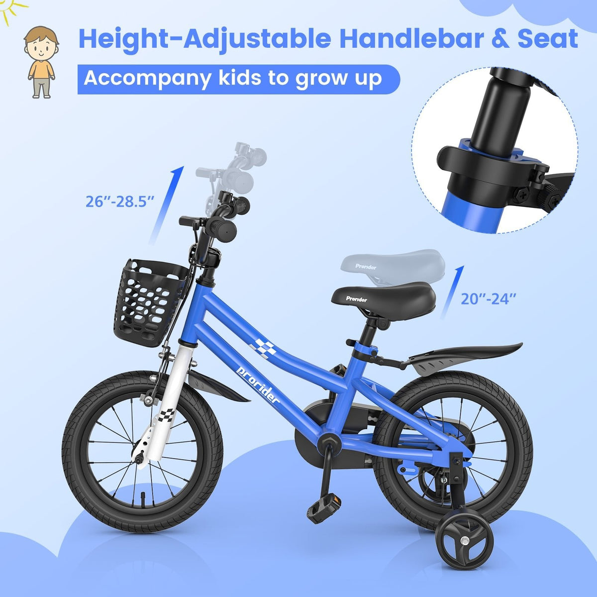 Bicicleta infantil de 14 pulgadas con 2 ruedas de entrenamiento y cesta para edades de 3 a 5 años, azul marino