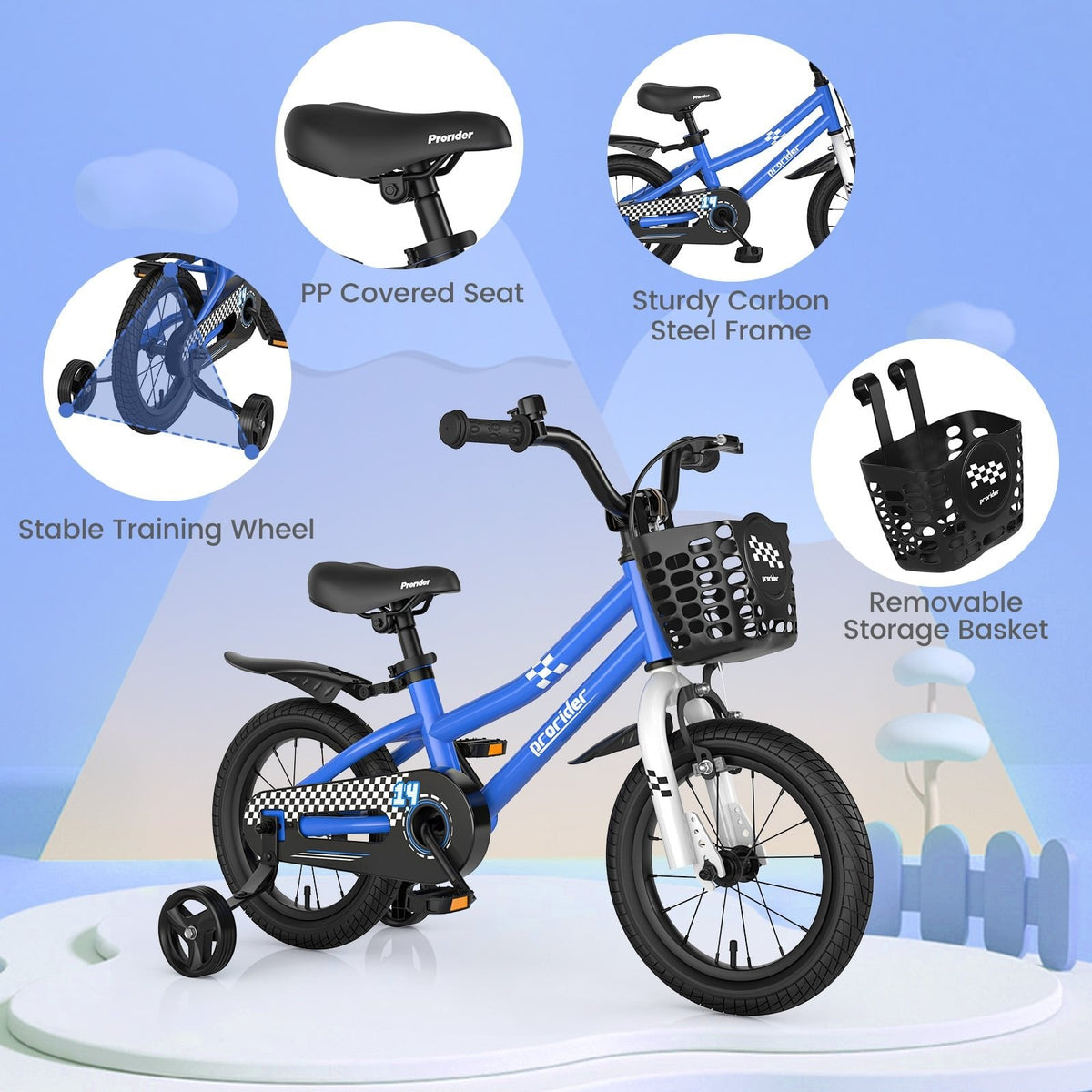 Bicicleta infantil de 14 pulgadas con 2 ruedas de entrenamiento y cesta para edades de 3 a 5 años, azul marino