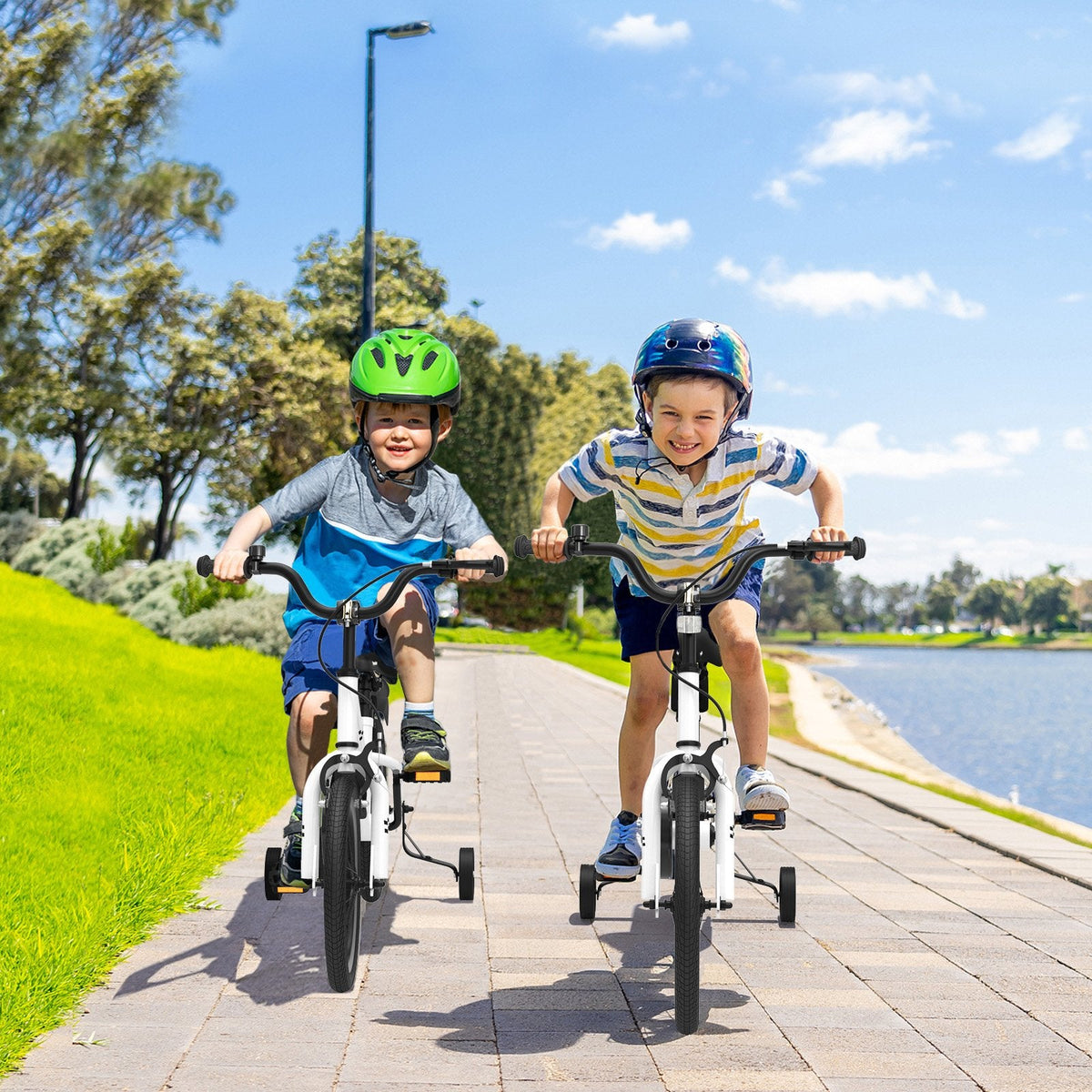 14 Inch Kids Bike with 2 Training Wheels and Basket for Ages 3 to 5, Black and White