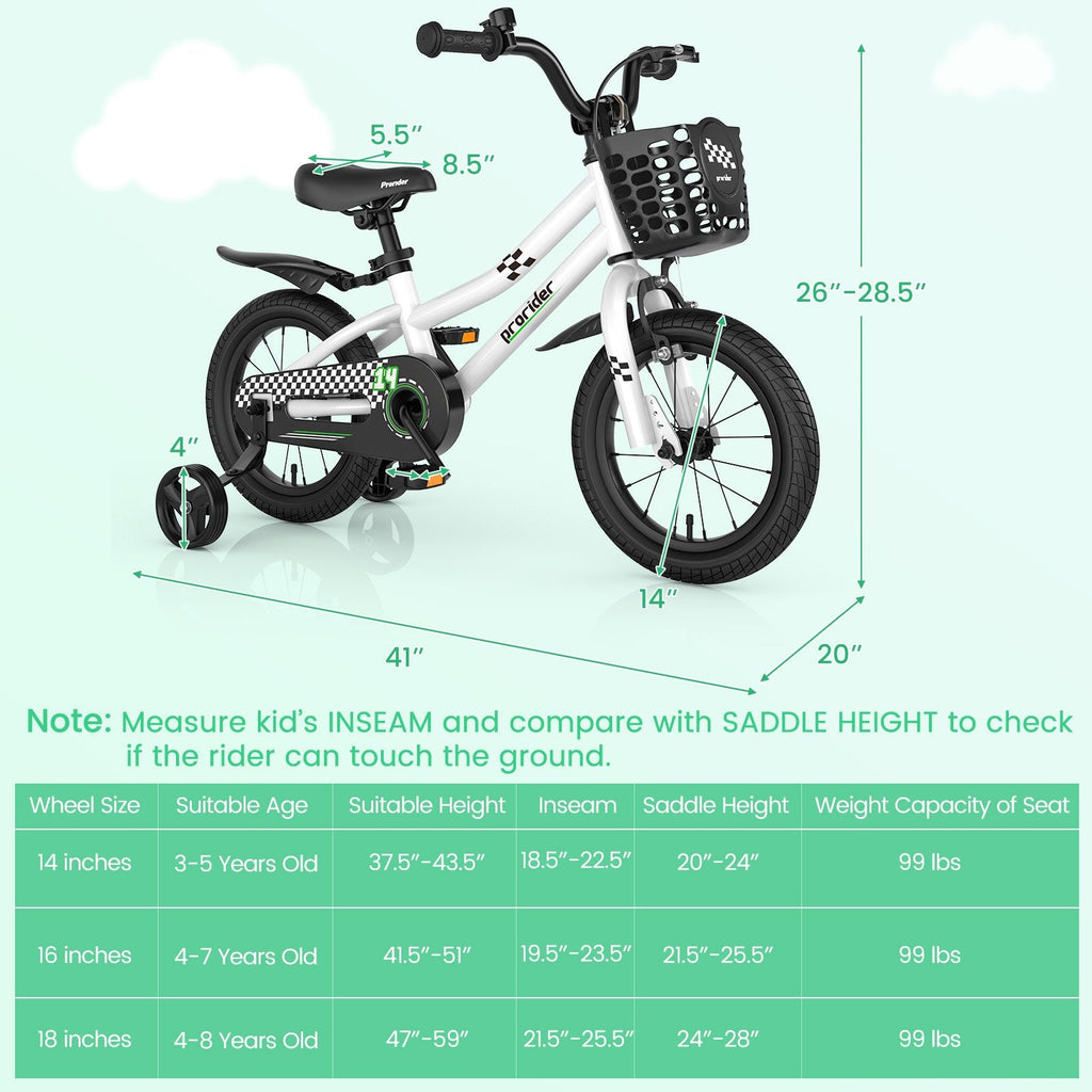 14-Zoll-Kinderfahrrad mit 2 Stützrädern und Korb für Kinder von 3 bis 5 Jahren, Schwarz und Weiß