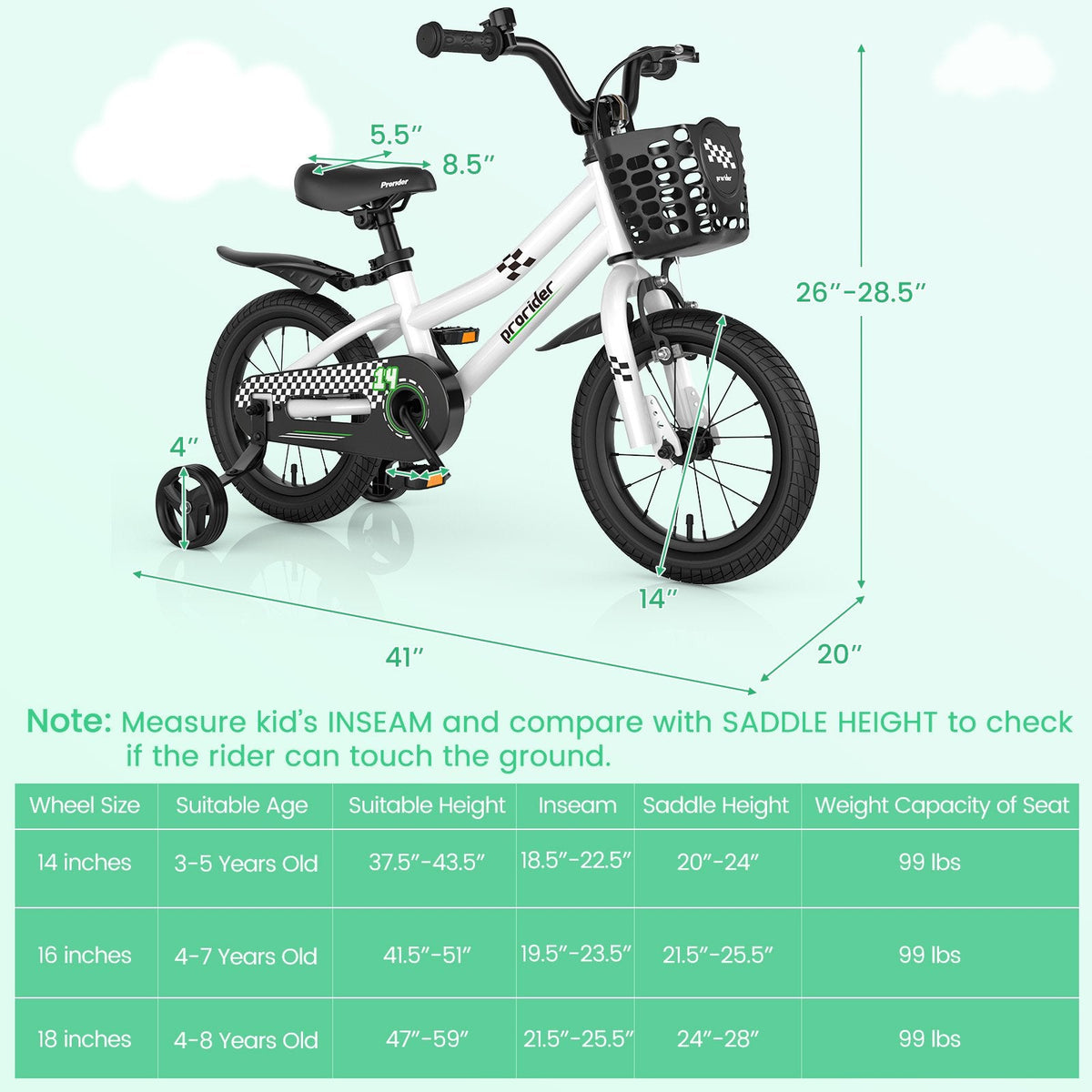 14 Inch Kids Bike with 2 Training Wheels and Basket for Ages 3 to 5, Black and White