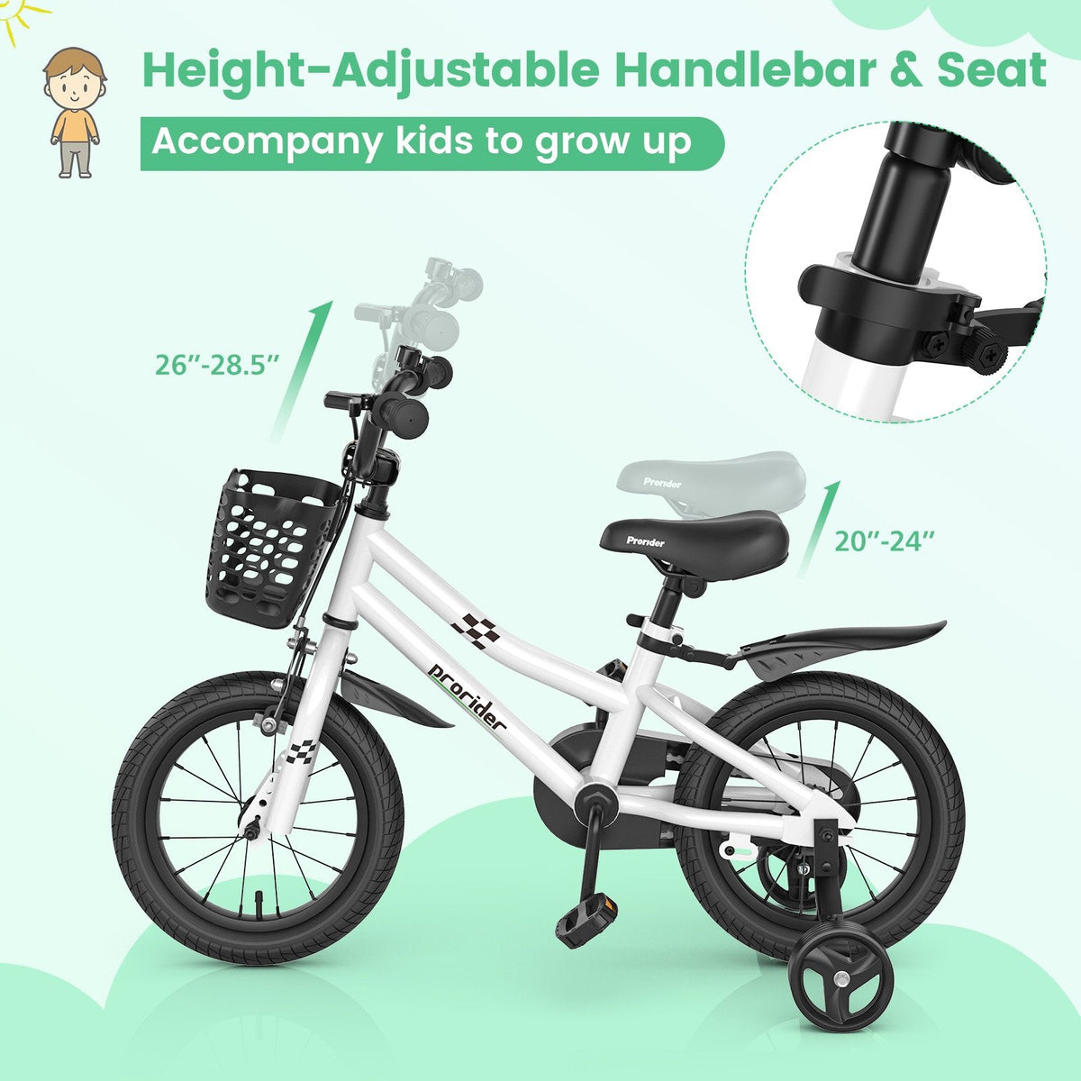 14 Inch Kids Bike with 2 Training Wheels and Basket for Ages 3 to 5, Black and White