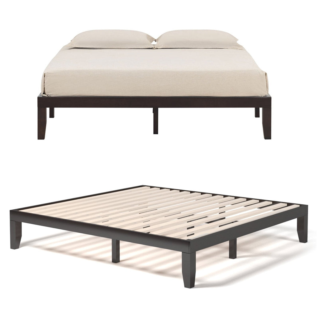 Cadre de lit plateforme en bois King Size de 14 pouces avec 14 lattes en contreplaqué et capacité de 500 lb, Marron