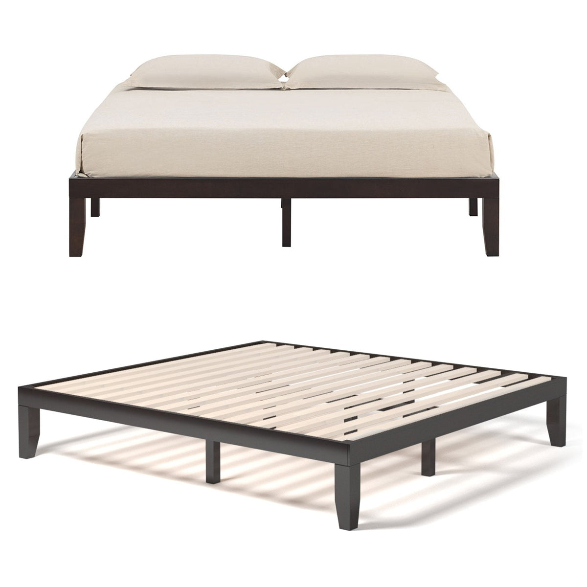 Cadre de lit plateforme en bois King Size de 14 pouces avec 14 lattes en contreplaqué et capacité de 500 lb, Marron