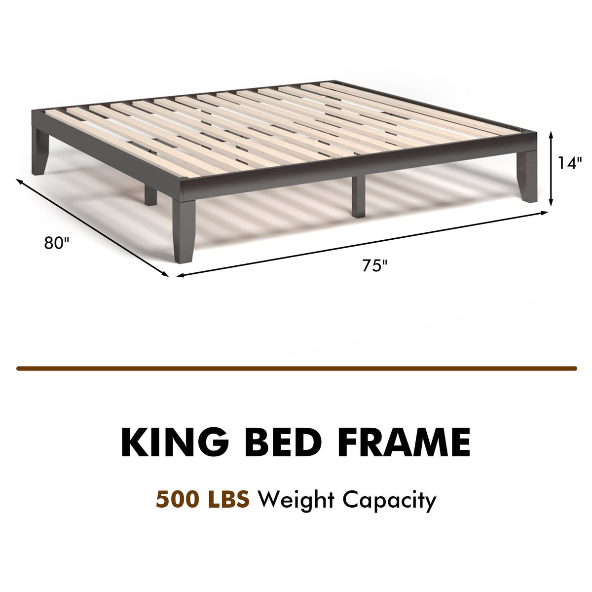 Cadre de lit plateforme en bois King Size de 14 pouces avec 14 lattes en contreplaqué et capacité de 500 lb, Marron