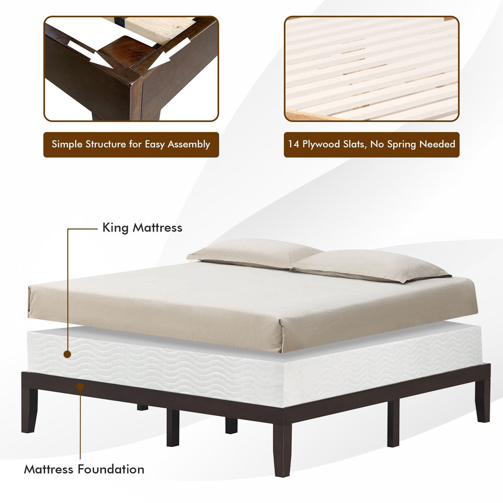 Cadre de lit plateforme en bois King Size de 14 pouces avec 14 lattes en contreplaqué et capacité de 500 lb, Marron