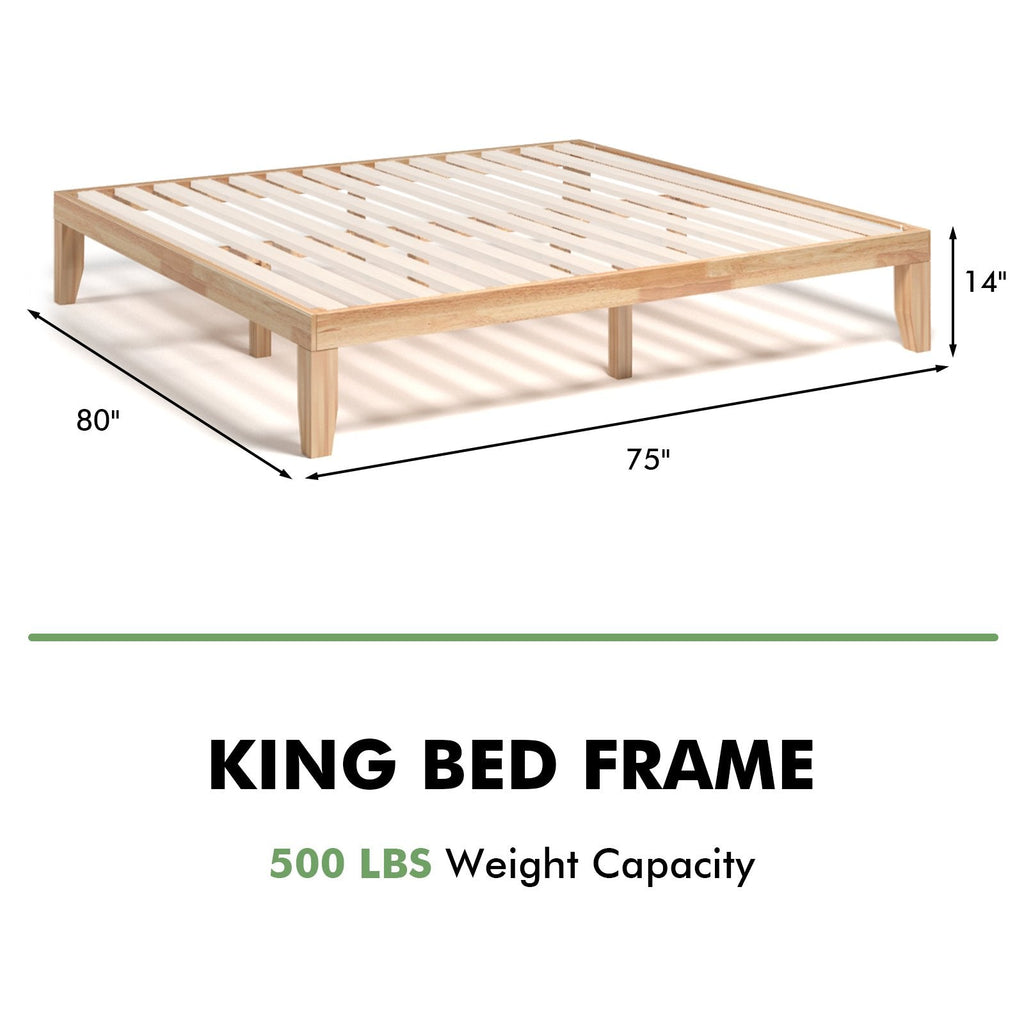 Estructura de cama de plataforma de madera tamaño King de 14 pulgadas con soporte de 14 listones, color natural