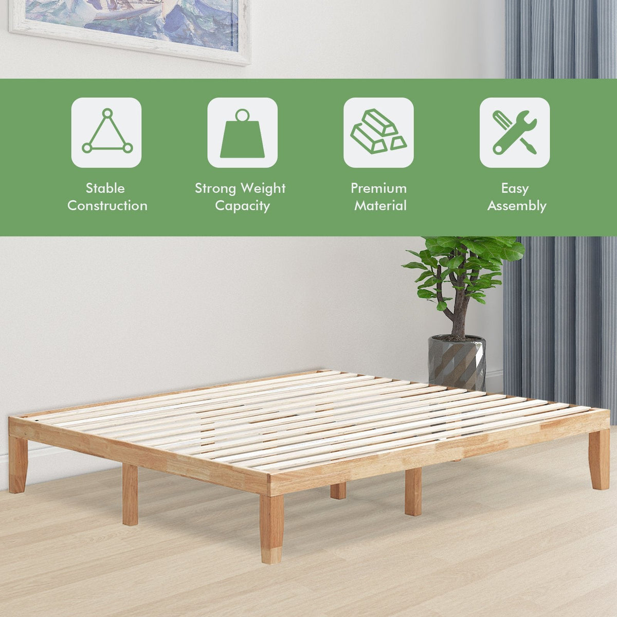Estructura de cama de plataforma de madera tamaño King de 14 pulgadas con soporte de 14 listones, color natural