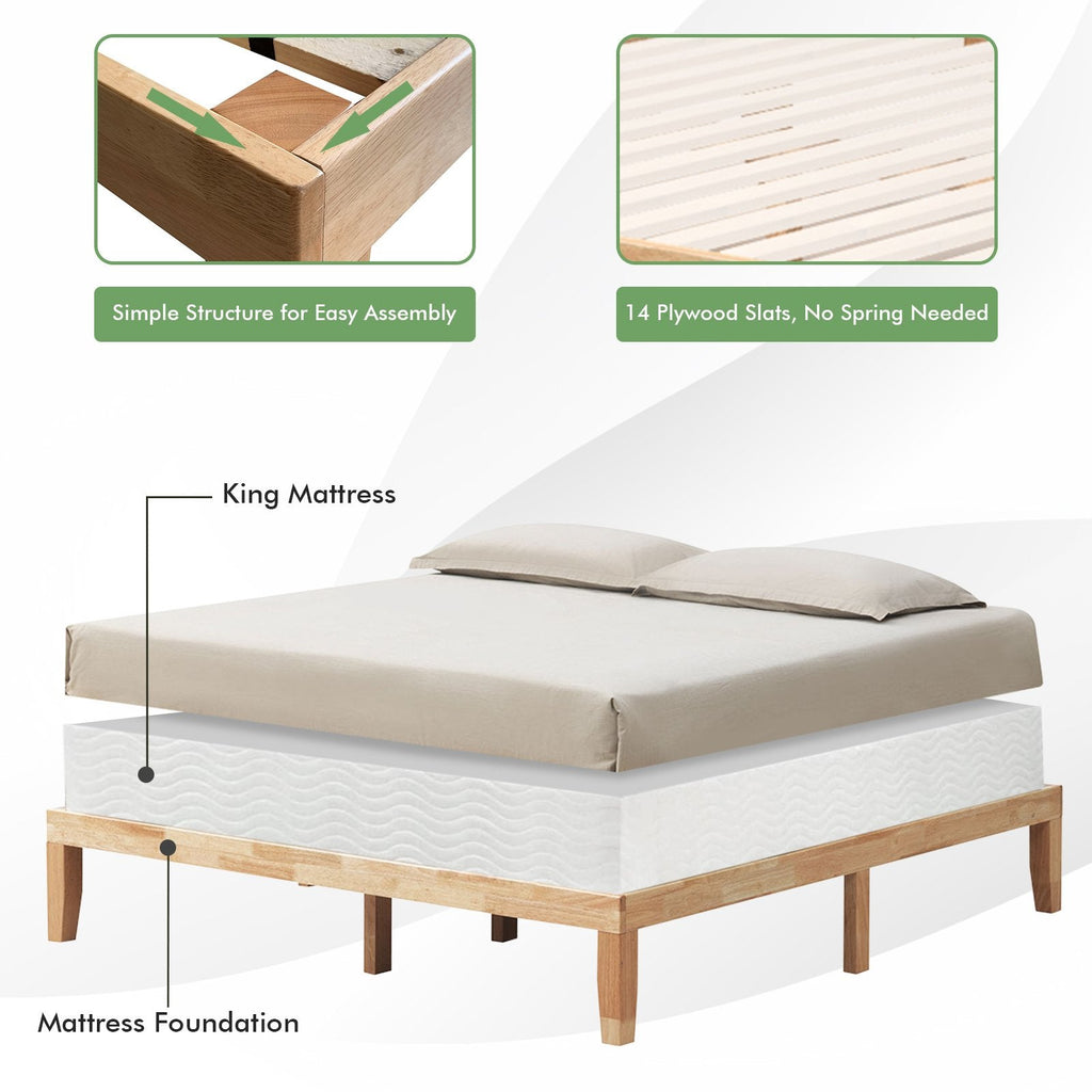 Estructura de cama de plataforma de madera tamaño King de 14 pulgadas con soporte de 14 listones, color natural