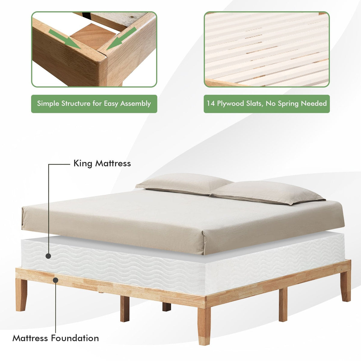 Estructura de cama de plataforma de madera tamaño King de 14 pulgadas con soporte de 14 listones, color natural