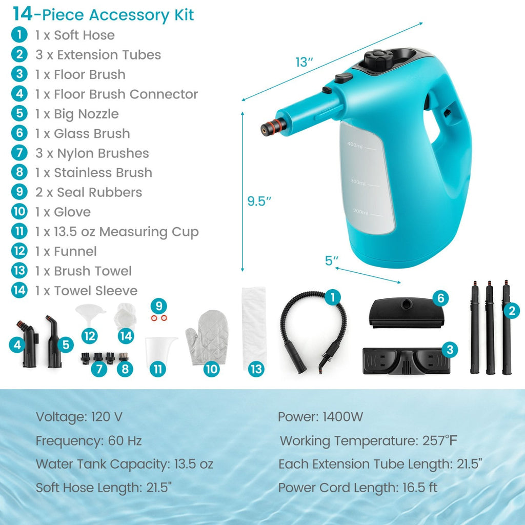 Limpiadora a vapor manual de 1400 W con kit de 14 accesorios y seguro para niños - Azul
