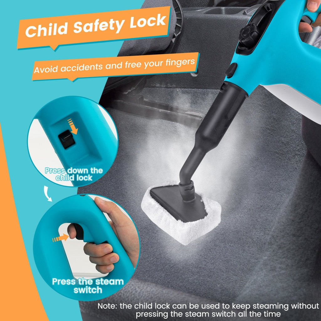 Limpiadora a vapor manual de 1400 W con kit de 14 accesorios y seguro para niños - Azul