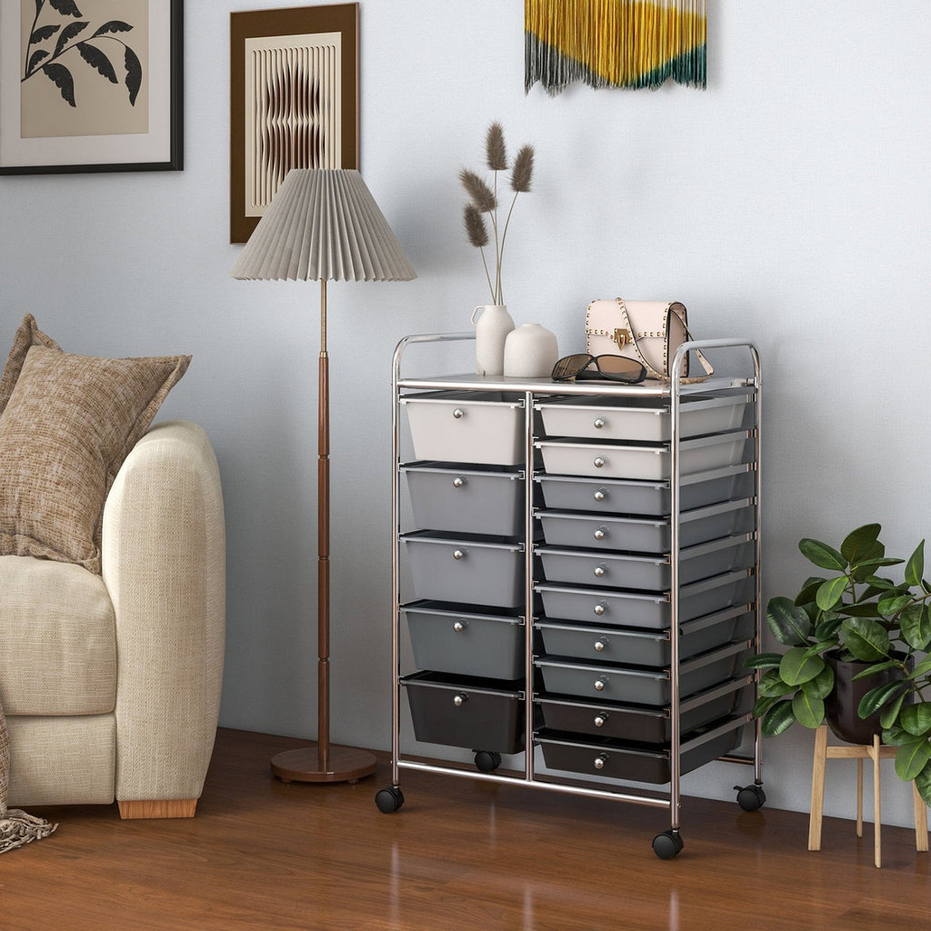 Chariot de rangement roulant multi-usage à 15 tiroirs - Noir et gris