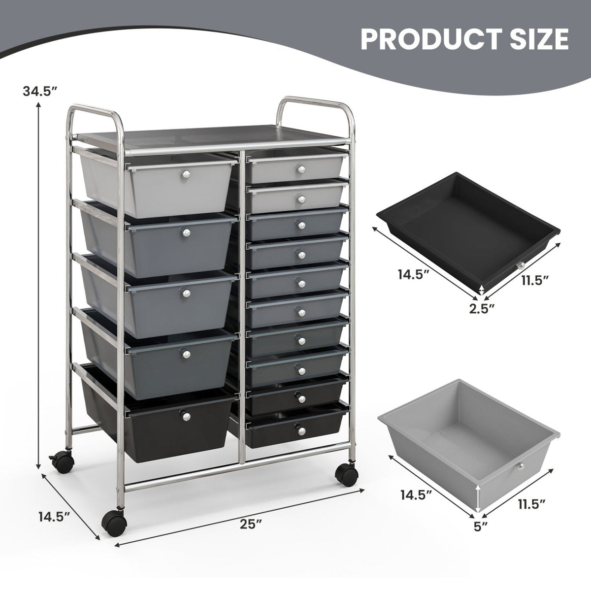 Chariot de rangement roulant multi-usage à 15 tiroirs - Noir et gris