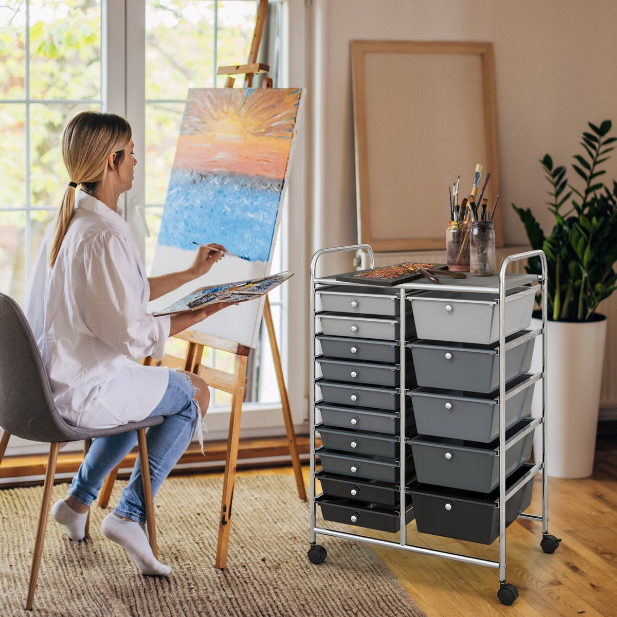 Chariot de rangement roulant multi-usage à 15 tiroirs - Noir et gris