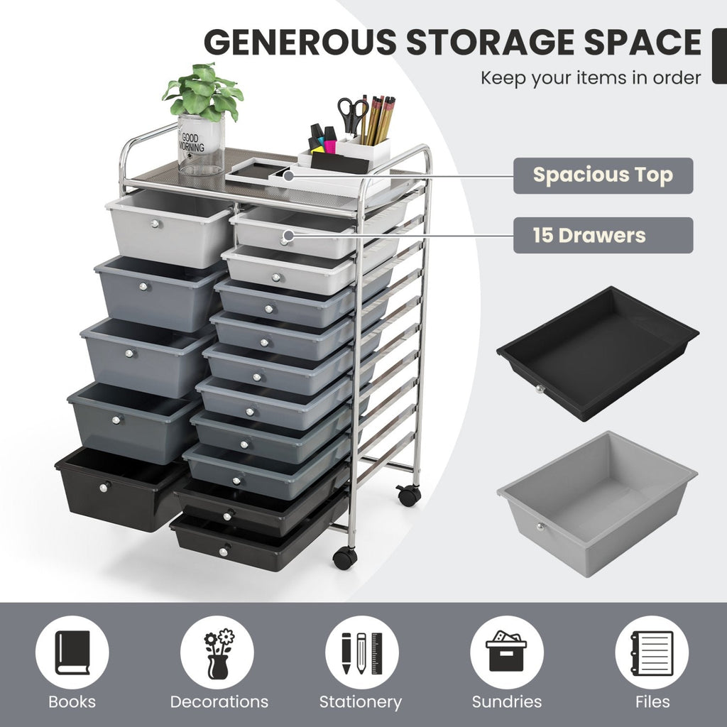 Chariot de rangement roulant multi-usage à 15 tiroirs - Noir et gris