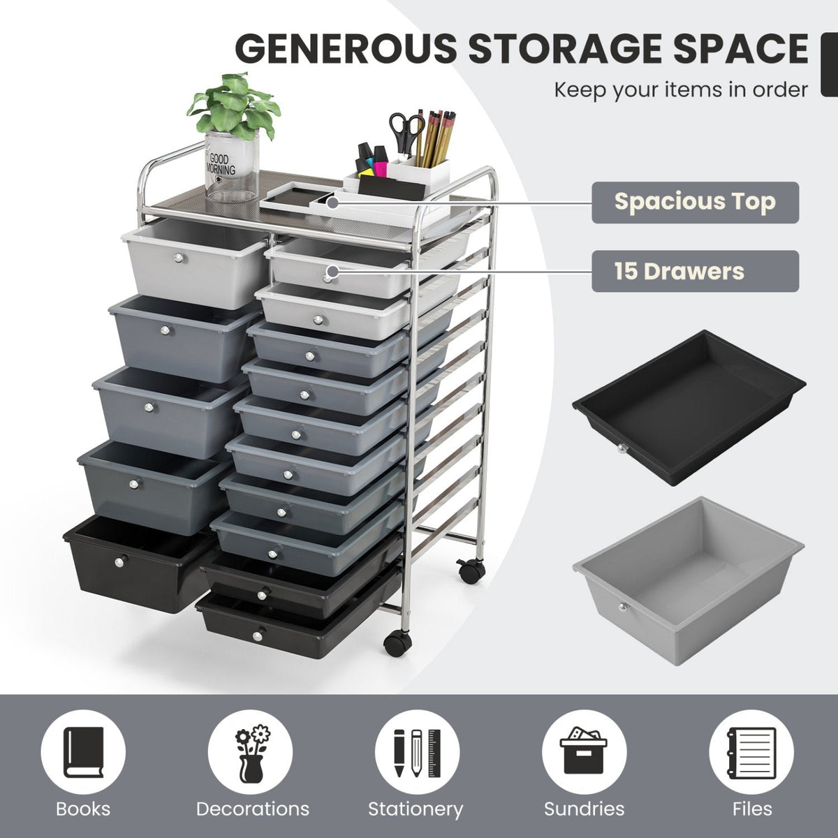 Chariot de rangement roulant multi-usage à 15 tiroirs - Noir et gris